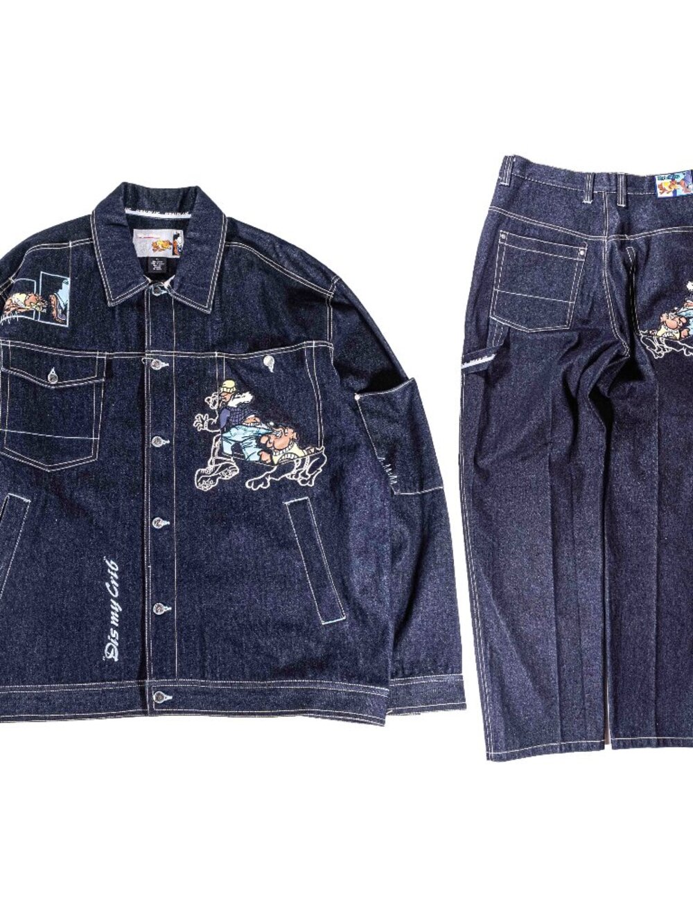 VTG Raw Blue Embroidered Denim Suit Set XL 34x33 Y2K Hip Hop Baggy Jeans Jacket